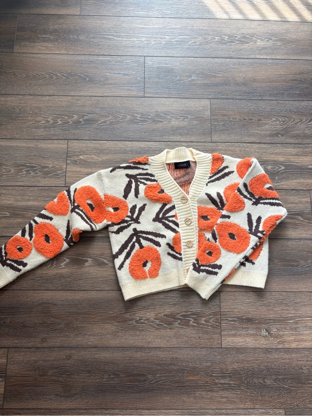 CIDER Cream Floral Button-Front Cardigan with Orange Blooms